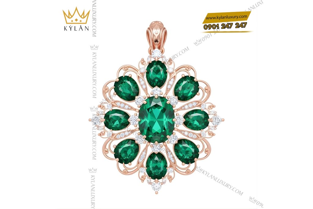 Mặt dây chuyền vàng hồng Au70 đính kim cương và đá quý xanh 3 Mặt dây chuyền vàng hồng Au70 đính kim cương và đá quý xanh