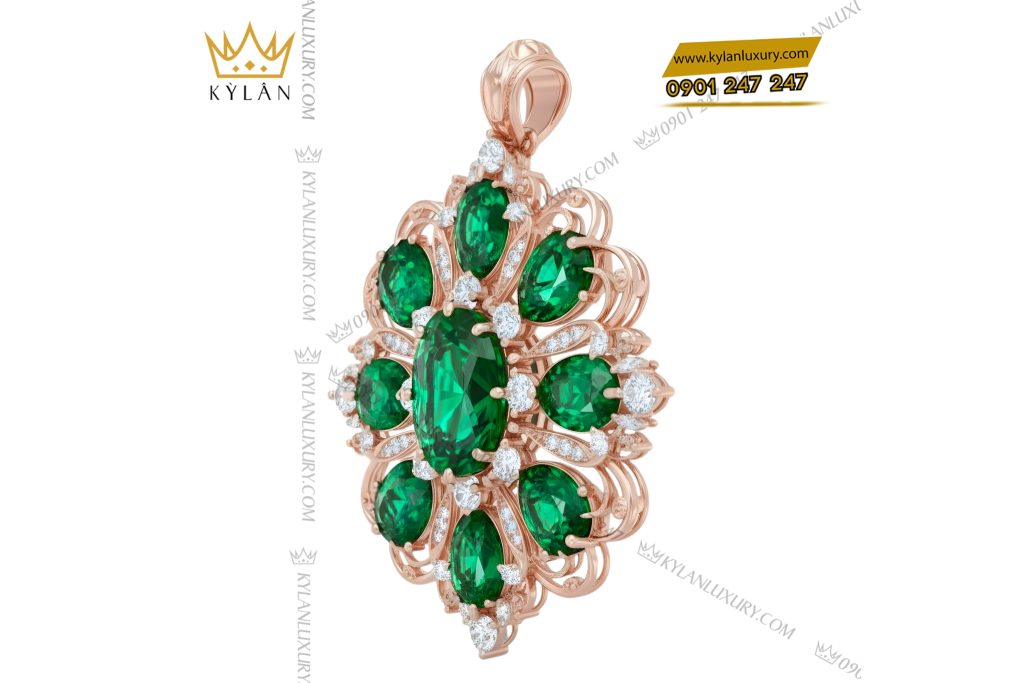 Mặt dây chuyền vàng hồng Au70 đính kim cương và đá quý xanh 4 Mặt dây chuyền vàng hồng Au70 đính kim cương và đá quý xanh