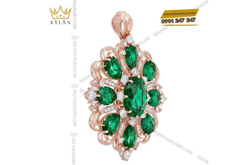 Mặt dây chuyền vàng hồng Au70 đính kim cương và đá quý xanh 5 Mặt dây chuyền vàng hồng Au70 đính kim cương và đá quý xanh