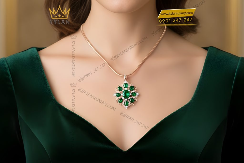 Mặt dây chuyền vàng hồng Au70 đính kim cương và đá quý xanh 6 Mặt dây chuyền vàng hồng Au70 đính kim cương và đá quý xanh