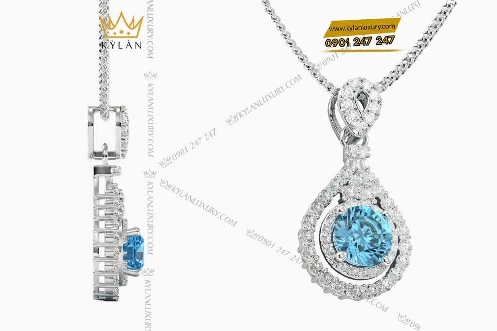 Mặt dây chuyền vàng trắng Au750 đính kim cương và đá Topaz