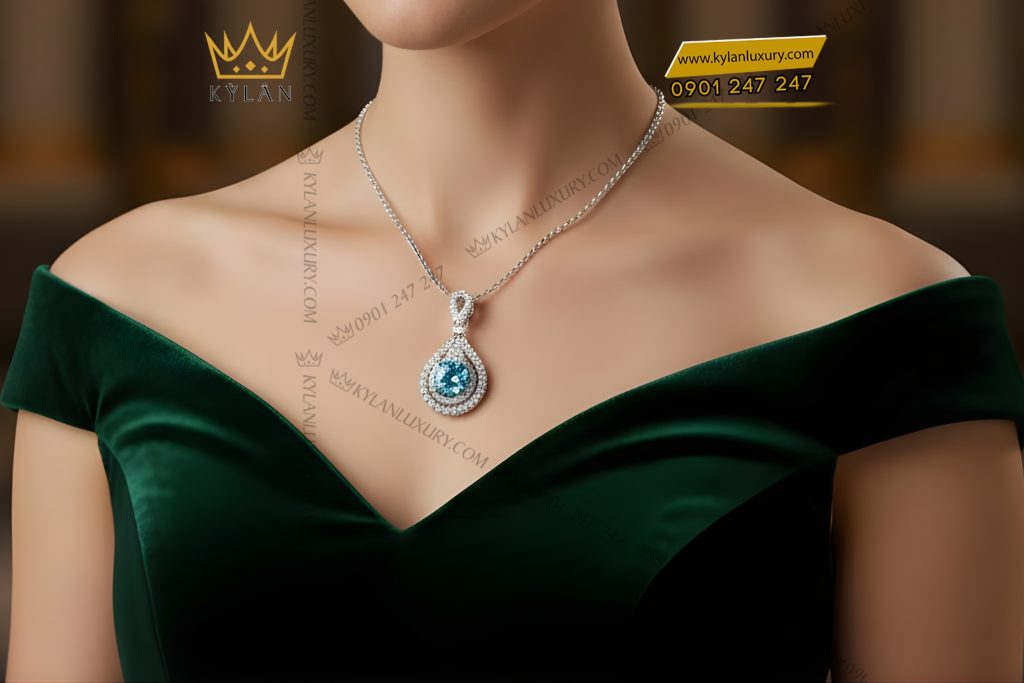 Mặt dây chuyền vàng trắng Au750 đính kim cương và đá Topaz