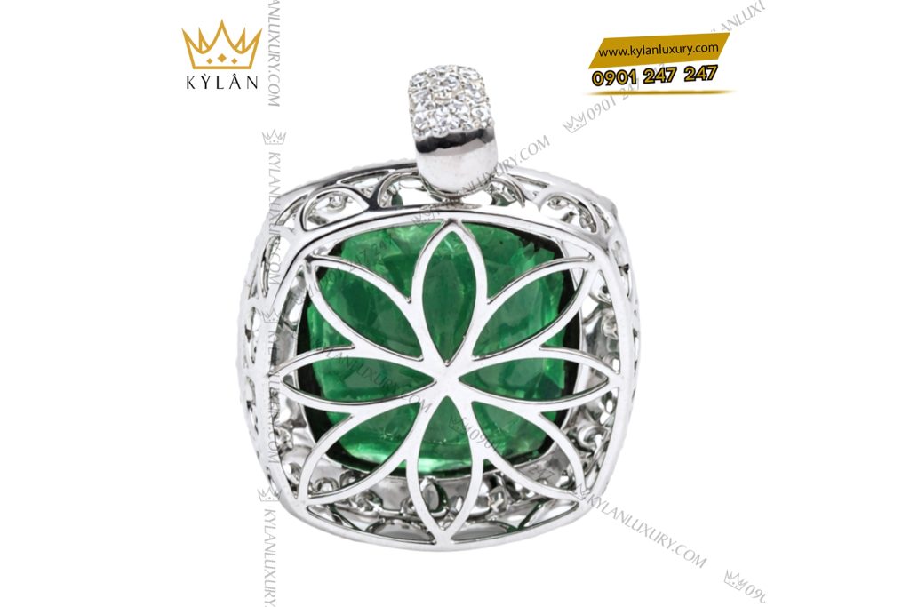 Mặt dây chuyền vàng trắng Au750 đính kim cương và đá ngọc lục bảo