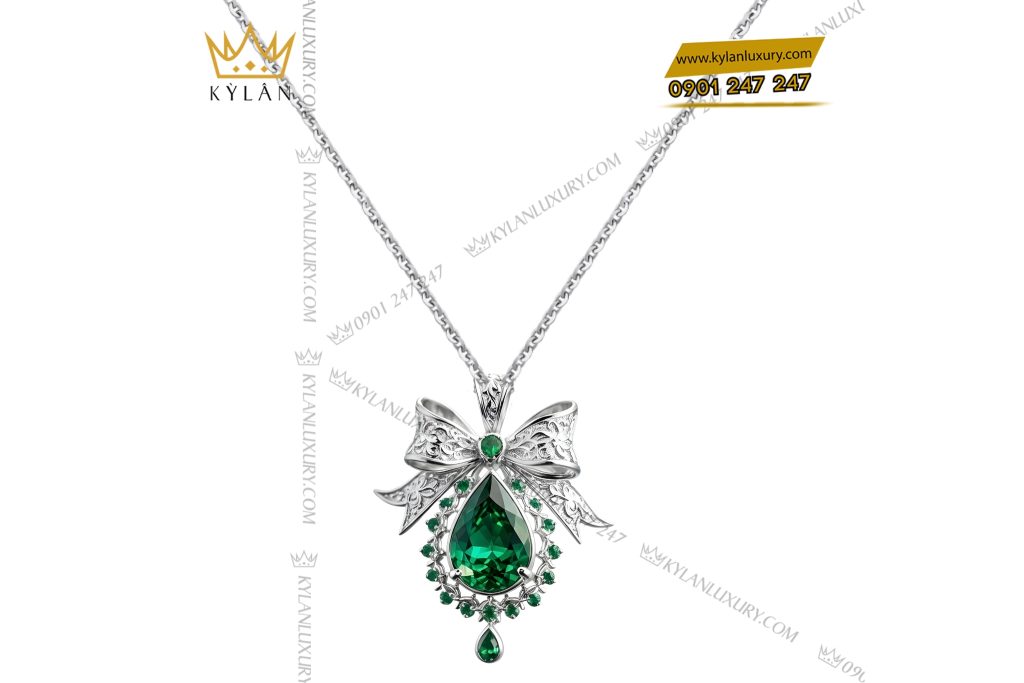 Mặt dây chuyền vàng trắng Au750 đính kim cương và đá quý xanh 2 Mặt dây chuyền vàng trắng Au750 đính kim cương và đá quý xanh