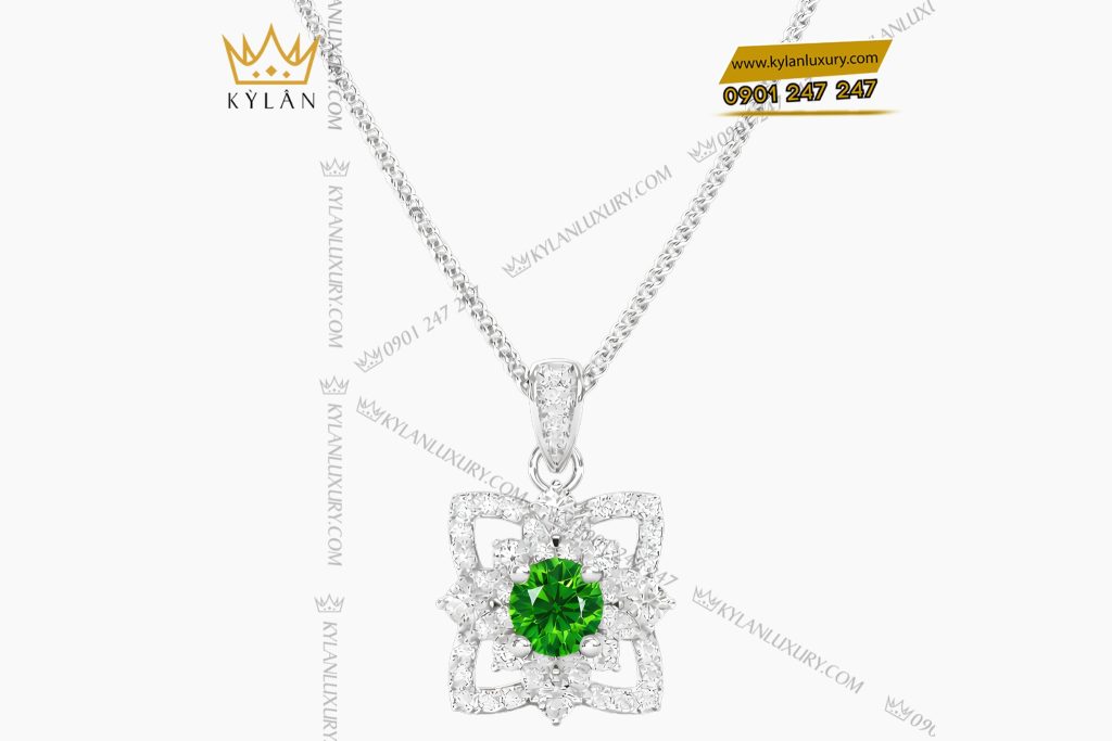 Mặt dây chuyền vàng trắng Au750 đính kim cương và đá quý xanh 2 Mặt dây chuyền vàng trắng Au750 đính kim cương và đá quý xanh