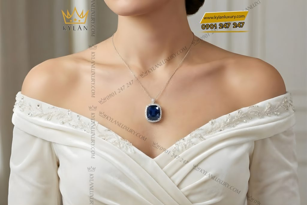 Mặt dây chuyền vàng trắng Au750 đính kim cương và đá sapphire xanh 5 Mặt dây chuyền vàng trắng Au750 đính kim cương và đá sapphire xanh