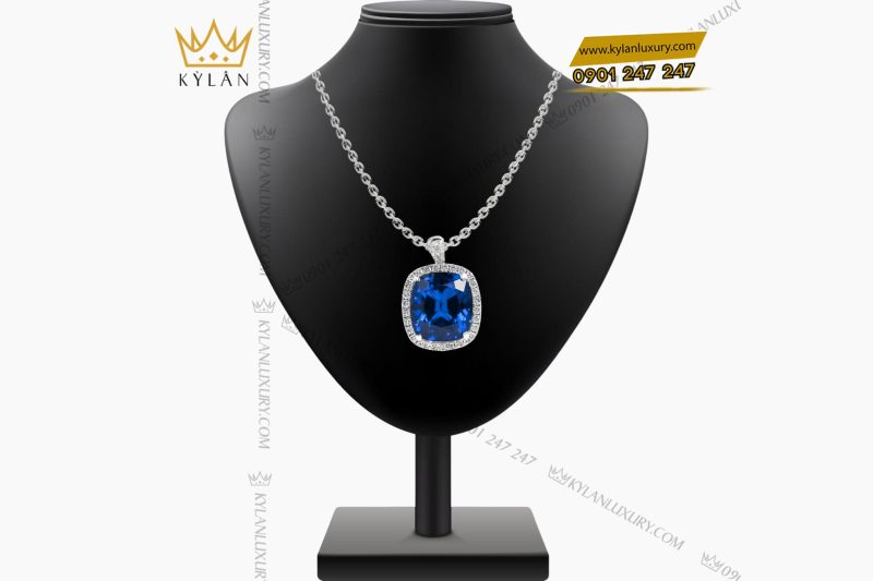 Mặt dây chuyền vàng trắng Au750 đính kim cương và đá sapphire xanh
