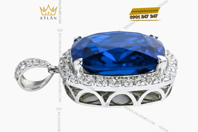 Mặt dây chuyền vàng trắng Au750 đính kim cương và đá sapphire xanh