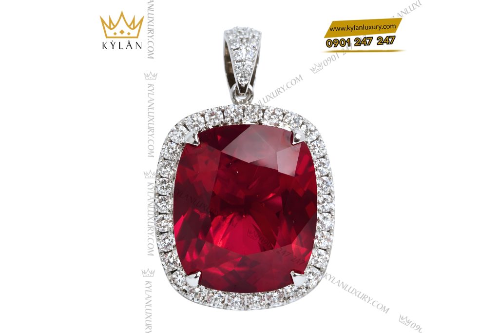 Mặt dây chuyền vàng trắng Au750 đính kim cương và sapphire đỏ