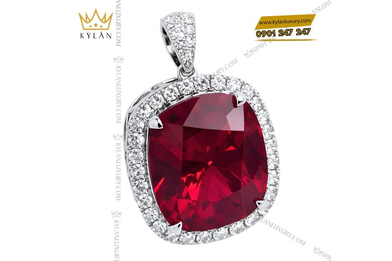 Mặt dây chuyền vàng trắng Au750 đính kim cương và sapphire đỏ