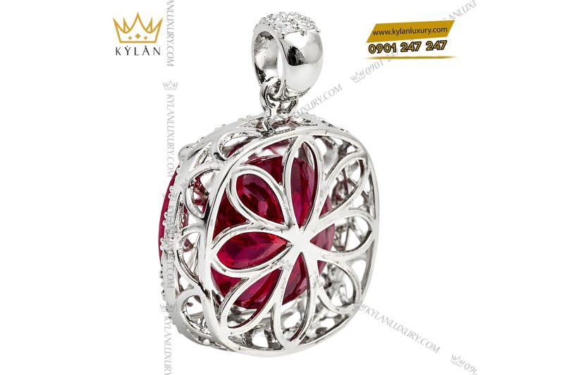 Mặt dây chuyền vàng trắng Au750 đính kim cương và sapphire đỏ