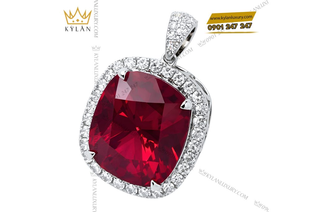 Kỳ Lân Luxury Mat day chuyen vang trang Au750 dinh kim cuong va sapphire do 5 Mặt dây chuyền vàng trắng Au750 đính kim cương và sapphire đỏ