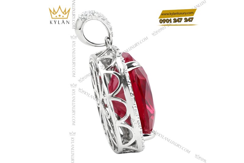 Mặt dây chuyền vàng trắng Au750 đính kim cương và sapphire đỏ