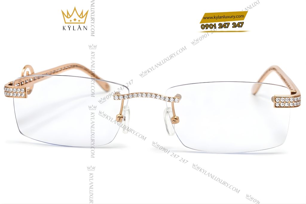 Mắt kính vàng hồng Au750 đính logo vương miện và kim cương baguette
