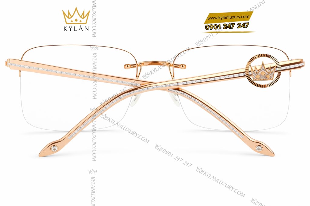 Mắt kính vàng hồng Au750 đính logo vương miện và kim cương baguette