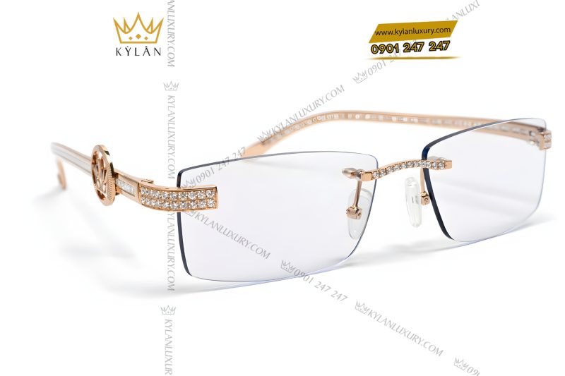 Mắt kính vàng hồng Au750 đính logo vương miện và kim cương baguette