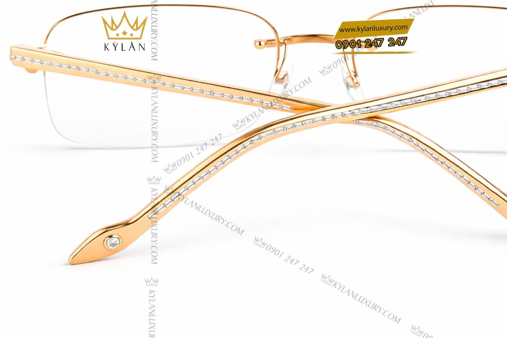 Mắt kính vàng hồng Au750 đính logo vương miện và kim cương baguette