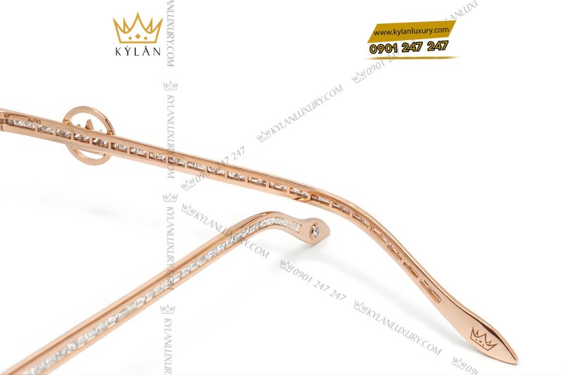 Mắt kính vàng hồng Au750 đính logo vương miện và kim cương baguette