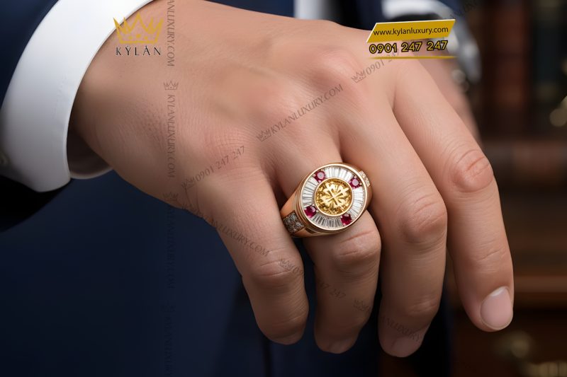 Nhẫn Patek Philippe vàng hồng Au750 đính kim cương và đá ruby