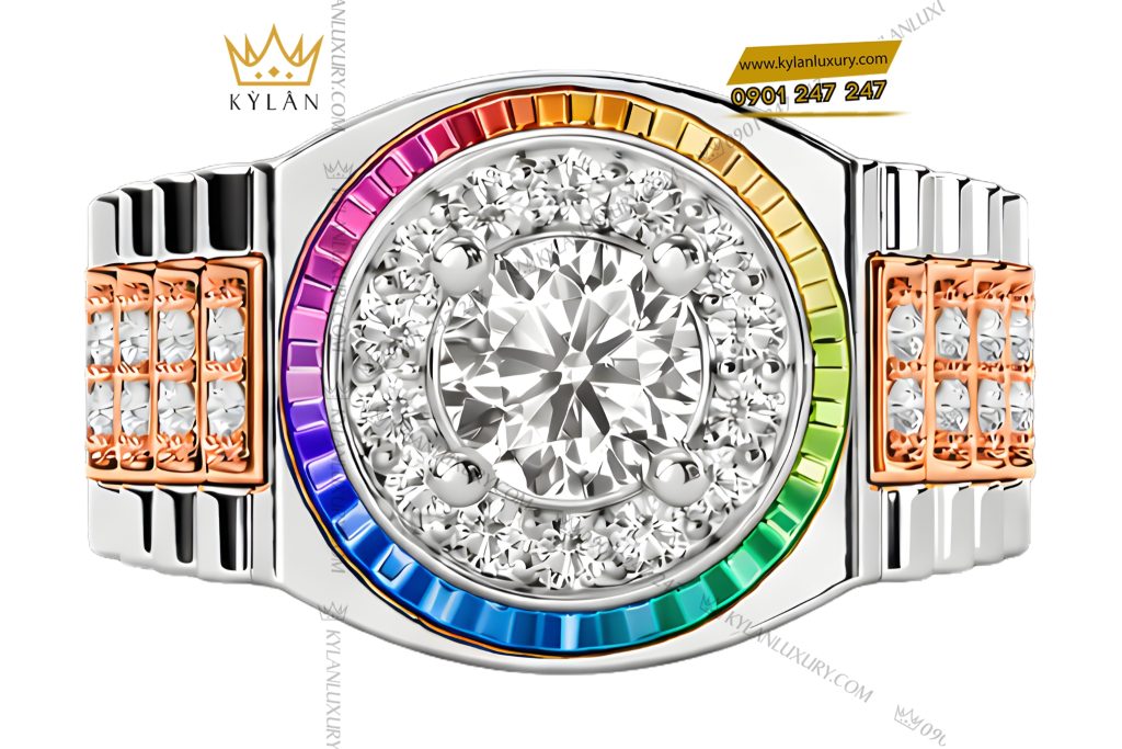 Nhẫn Rolex demi vàng hồng Au750 đính kim cương và đá quý Rainbow
