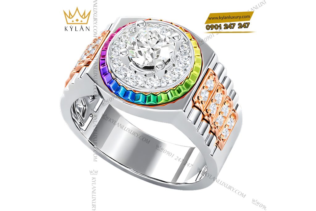 Kỳ Lân Luxury Nhan Rolex demi vang hong Au750 dinh kim cuong va da quy Rainbow 2 Nhẫn Rolex demi vàng hồng Au750 đính kim cương và đá quý Rainbow