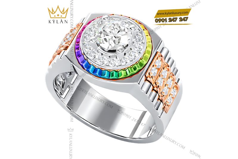 Nhẫn Rolex demi vàng hồng Au750 đính kim cương và đá quý Rainbow