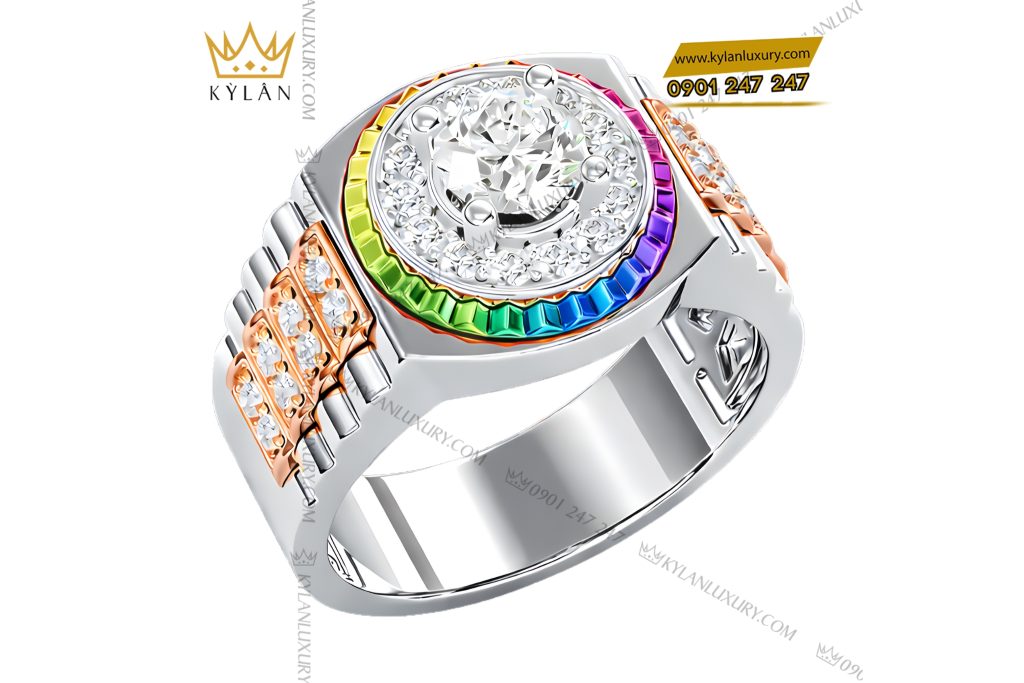 Nhẫn Rolex demi vàng hồng Au750 đính kim cương và đá quý Rainbow