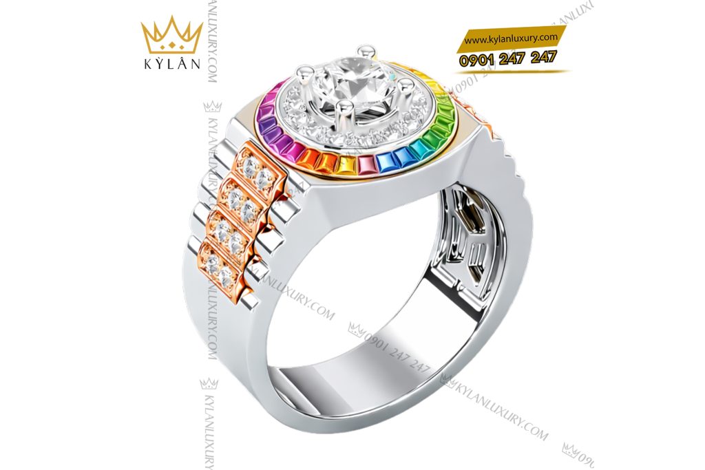 Nhẫn Rolex demi vàng hồng Au750 đính kim cương và đá quý Rainbow