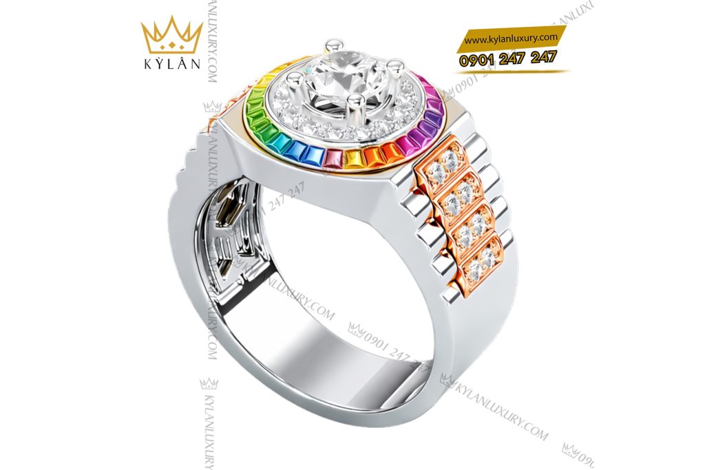 Kỳ Lân Luxury Nhan Rolex demi vang hong Au750 dinh kim cuong va da quy Rainbow 5 Nhẫn Rolex demi vàng hồng Au750 đính kim cương và đá quý Rainbow