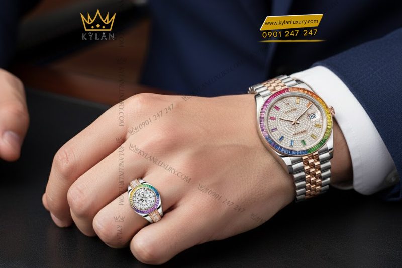 Nhẫn Rolex demi vàng hồng Au750 đính kim cương và đá quý Rainbow