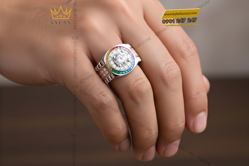 Nhẫn Rolex demi vàng hồng Au750 đính kim cương và đá quý Rainbow