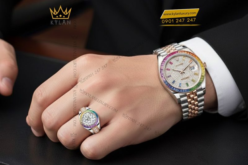 Nhẫn Rolex demi vàng hồng Au750 đính kim cương và đá quý Rainbow