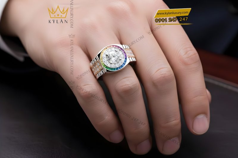 Nhẫn Rolex demi vàng hồng Au750 đính kim cương và đá quý Rainbow