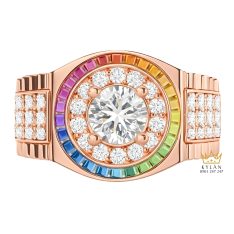 Nhẫn Rolex vàng hồng Au750 đính kim cương và đá quý Rainbow