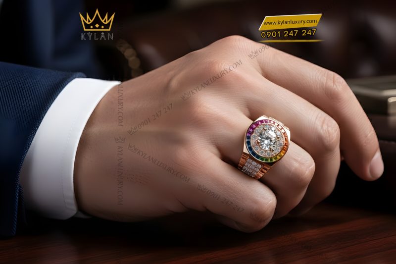 Nhẫn Rolex vàng hồng Au750 đính kim cương và đá quý Rainbow