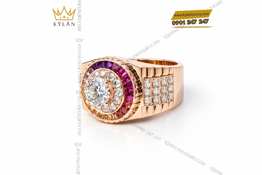Kỳ Lân Luxury Nhan Rolex vang hong Au750 dinh kim cuong va da quy Rainbow 3 1 Nhẫn Rolex vàng hồng Au750 đính kim cương và đá quý Rainbow
