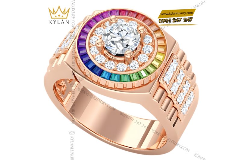 Nhẫn Rolex vàng hồng Au750 đính kim cương và đá quý Rainbow