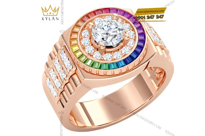 Nhẫn Rolex vàng hồng Au750 đính kim cương và đá quý Rainbow