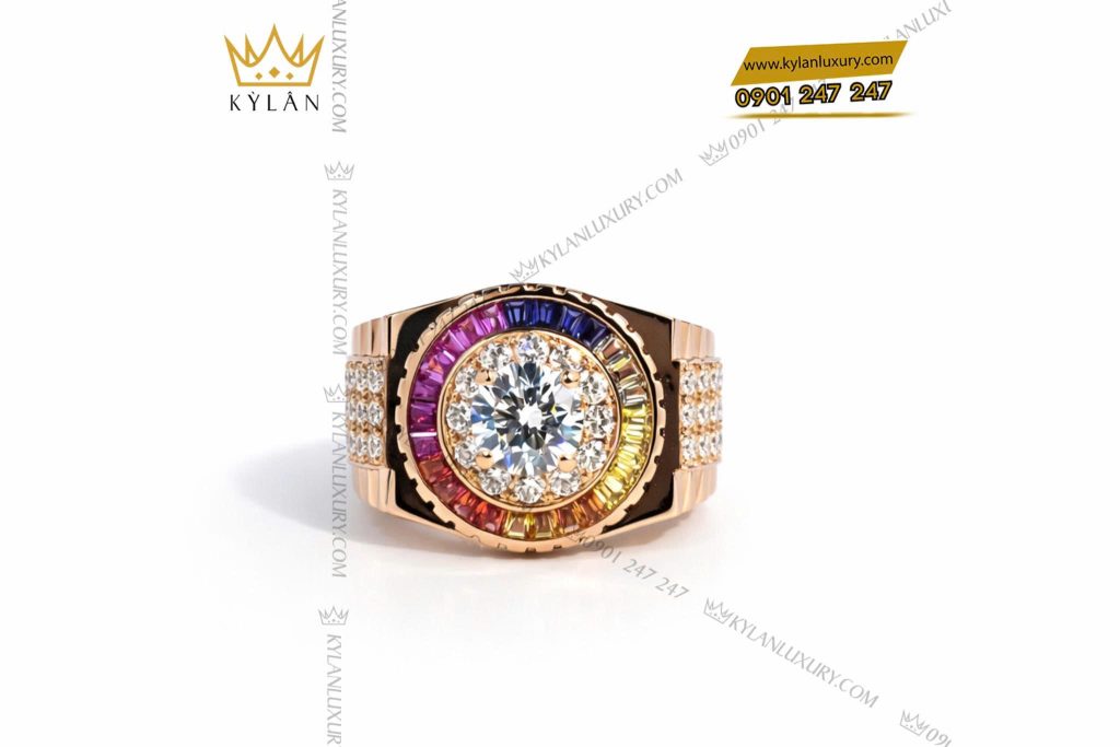 Kỳ Lân Luxury Nhan Rolex vang hong Au750 dinh kim cuong va da quy Rainbow 5 1 Nhẫn Rolex vàng hồng Au750 đính kim cương và đá quý Rainbow