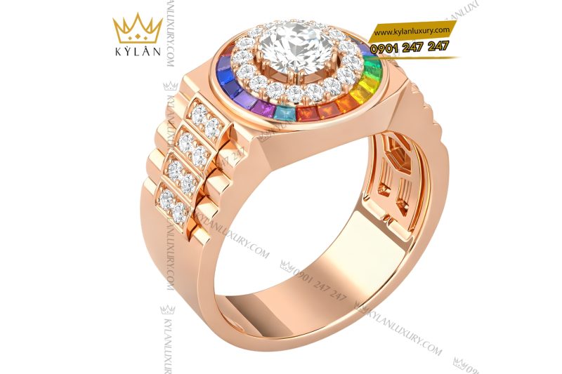 Nhẫn Rolex vàng hồng Au750 đính kim cương và đá quý Rainbow