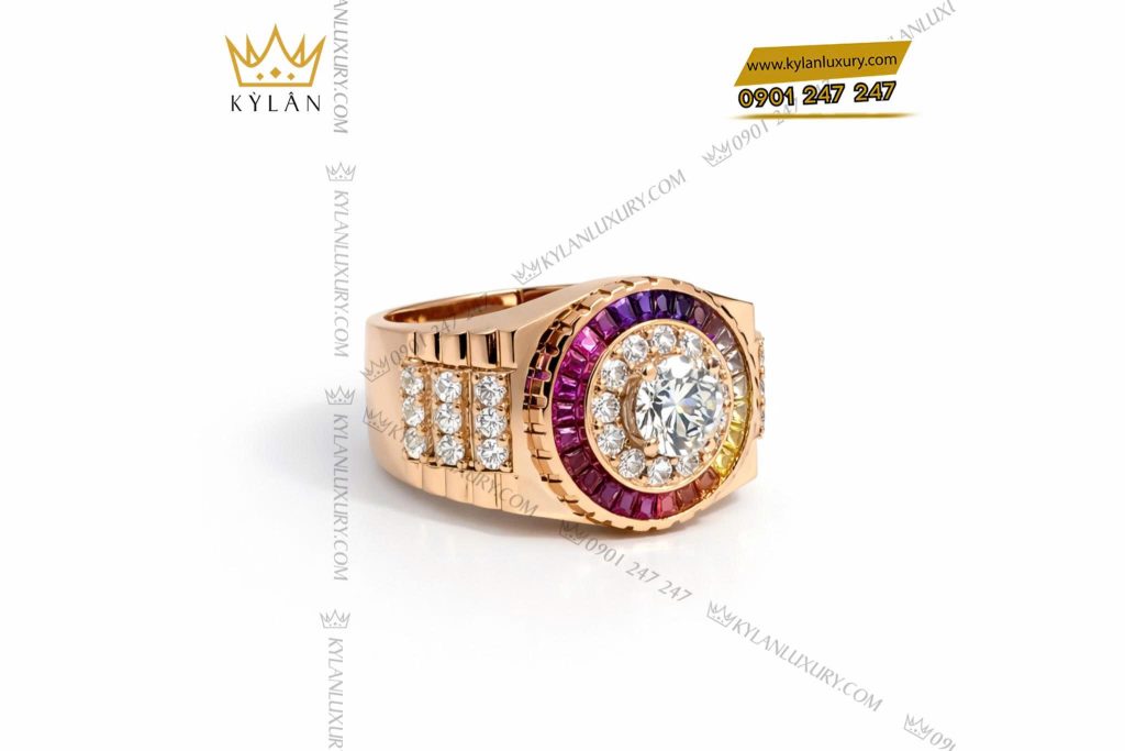 Kỳ Lân Luxury Nhan Rolex vang hong Au750 dinh kim cuong va da quy Rainbow 6 1 Nhẫn Rolex vàng hồng Au750 đính kim cương và đá quý Rainbow