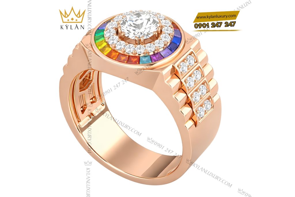 Kỳ Lân Luxury Nhan Rolex vang hong Au750 dinh kim cuong va da quy Rainbow 6 Nhẫn Rolex vàng hồng Au750 đính kim cương và đá quý Rainbow