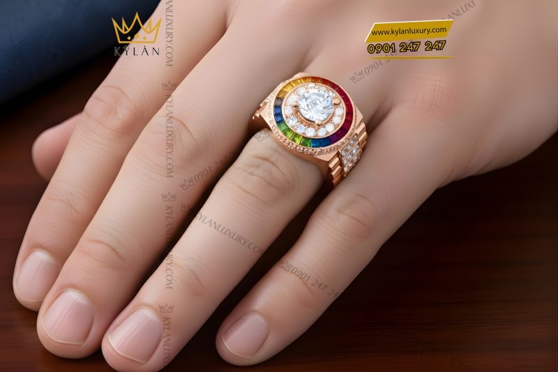 Nhẫn Rolex vàng hồng Au750 đính kim cương và đá quý Rainbow