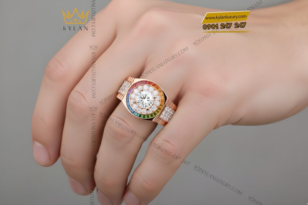 Nhẫn Rolex vàng hồng Au750 đính kim cương và đá quý Rainbow