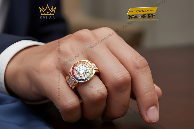 Nhẫn Rolex vàng hồng Au750 đính kim cương và đá quý Rainbow