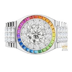 Nhẫn Rolex vàng trắng Au750 đính kim cương và đá quý Rainbow