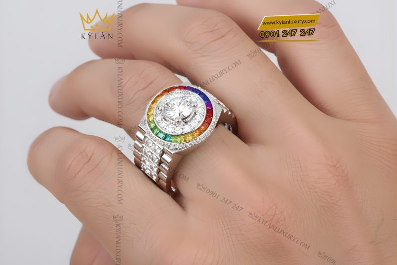 Nhẫn Rolex vàng trắng Au750 đính kim cương và đá quý Rainbow
