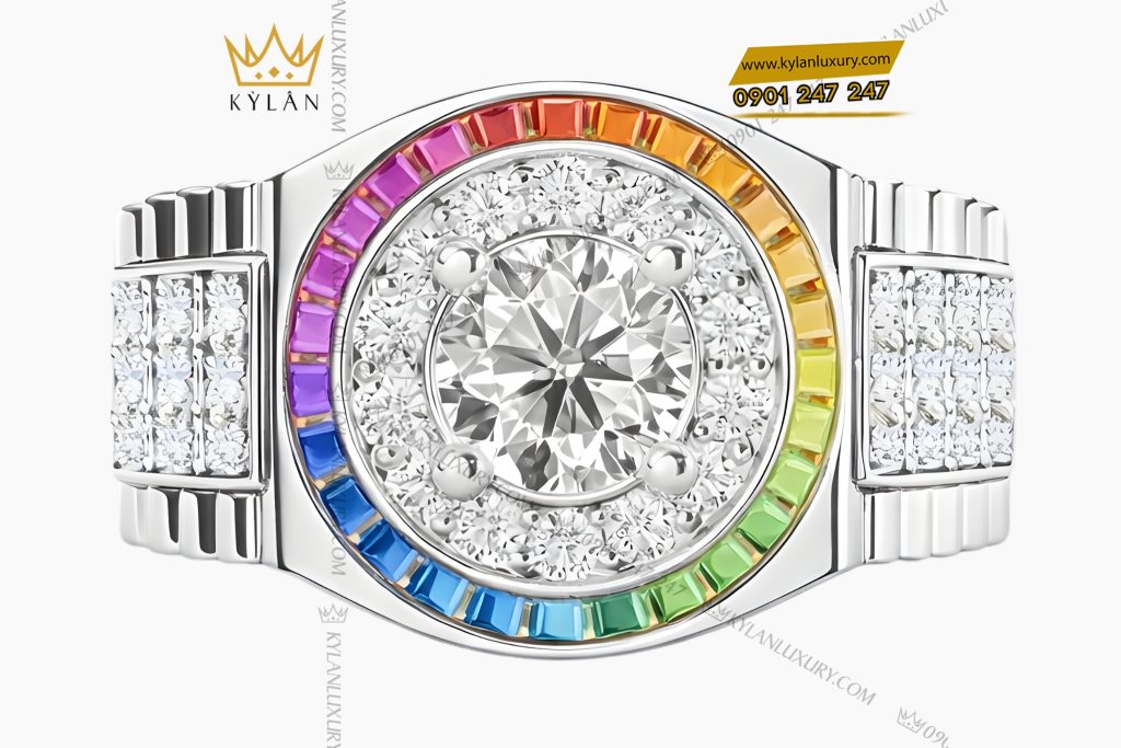 Nhẫn Rolex vàng trắng Au750 đính kim cương và đá quý Rainbow