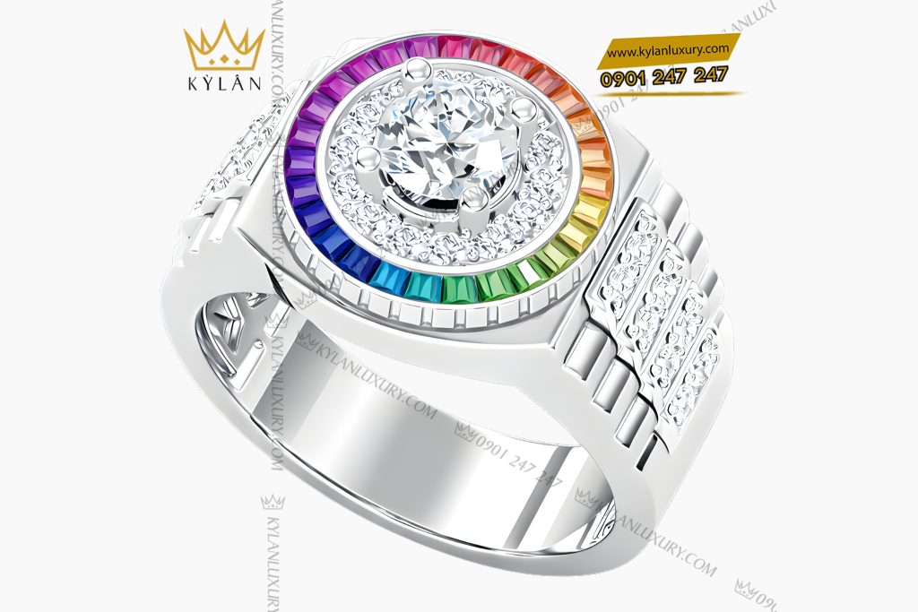 Kỳ Lân Luxury Nhan Rolex vang trang Au750 dinh kim cuong va da quy Rainbow 3 Nhẫn Rolex vàng trắng Au750 đính kim cương và đá quý Rainbow