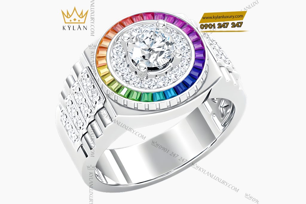 Nhẫn Rolex vàng trắng Au750 đính kim cương và đá quý Rainbow